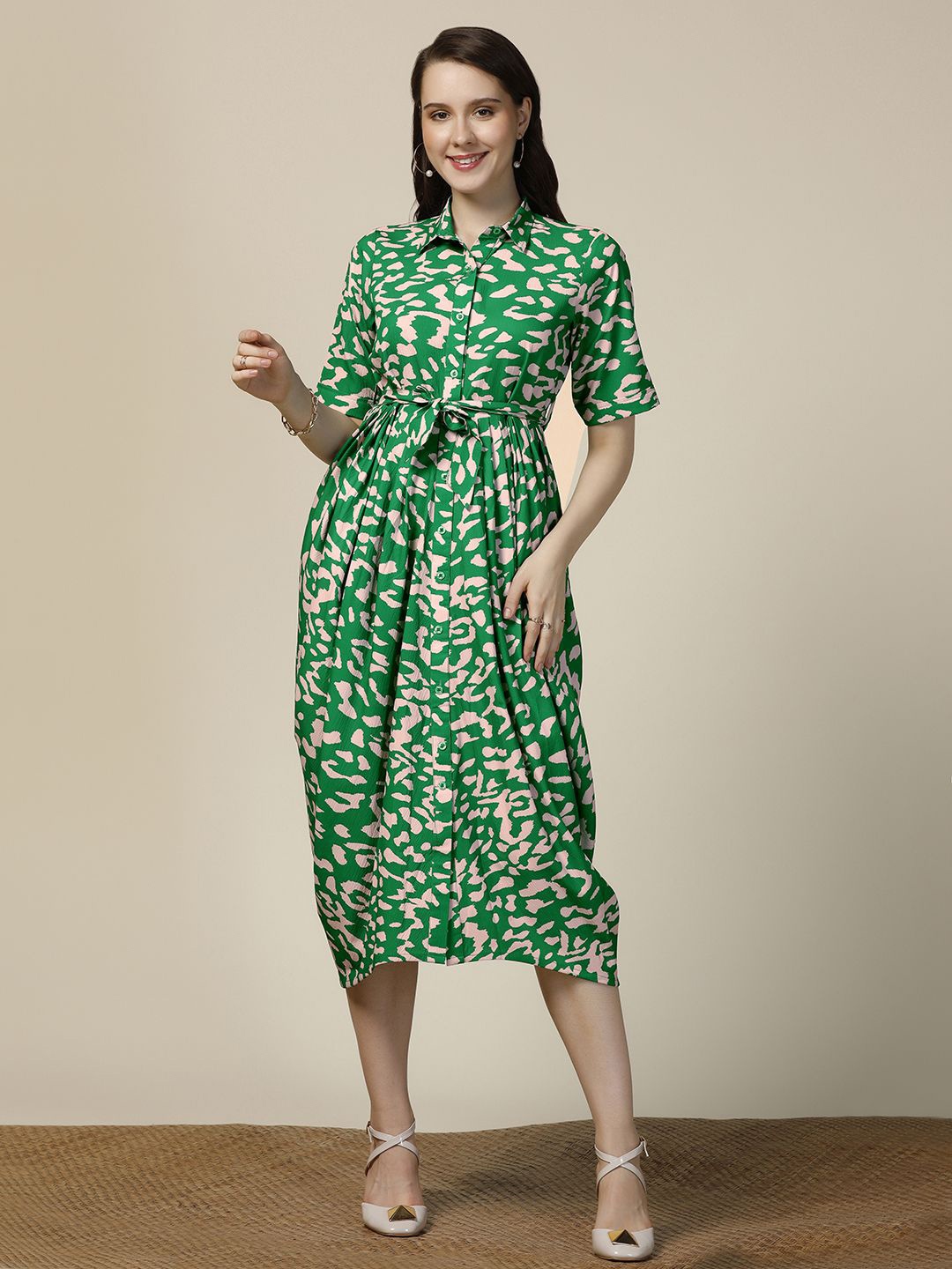 

Moda Rapido Women Cotton Shirt Collar Printed Fit & Flare Midi Dress, Green