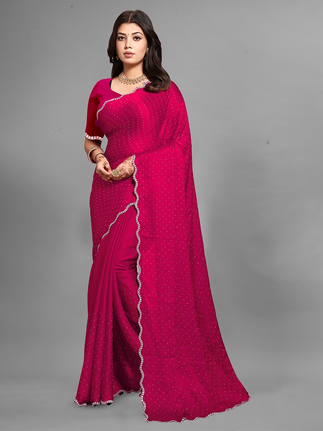 

NKV Embellished Beads and Stones Saree, Pink