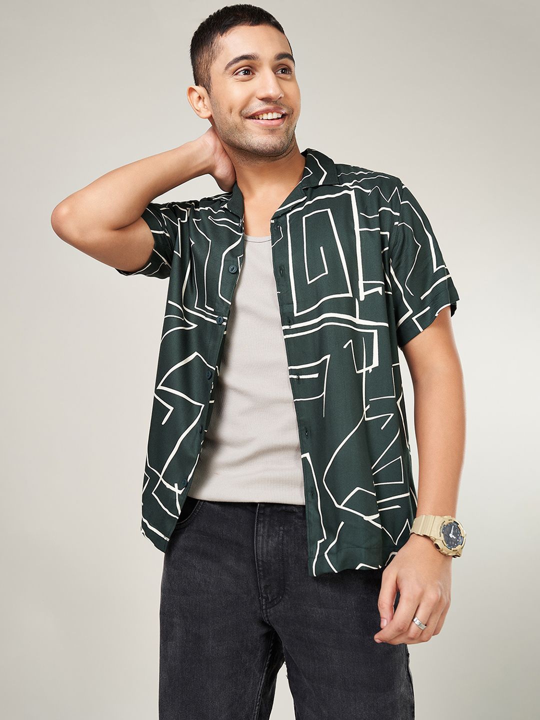 

People Men Cuban Collar Abstract Printed Casual Shirt, Green