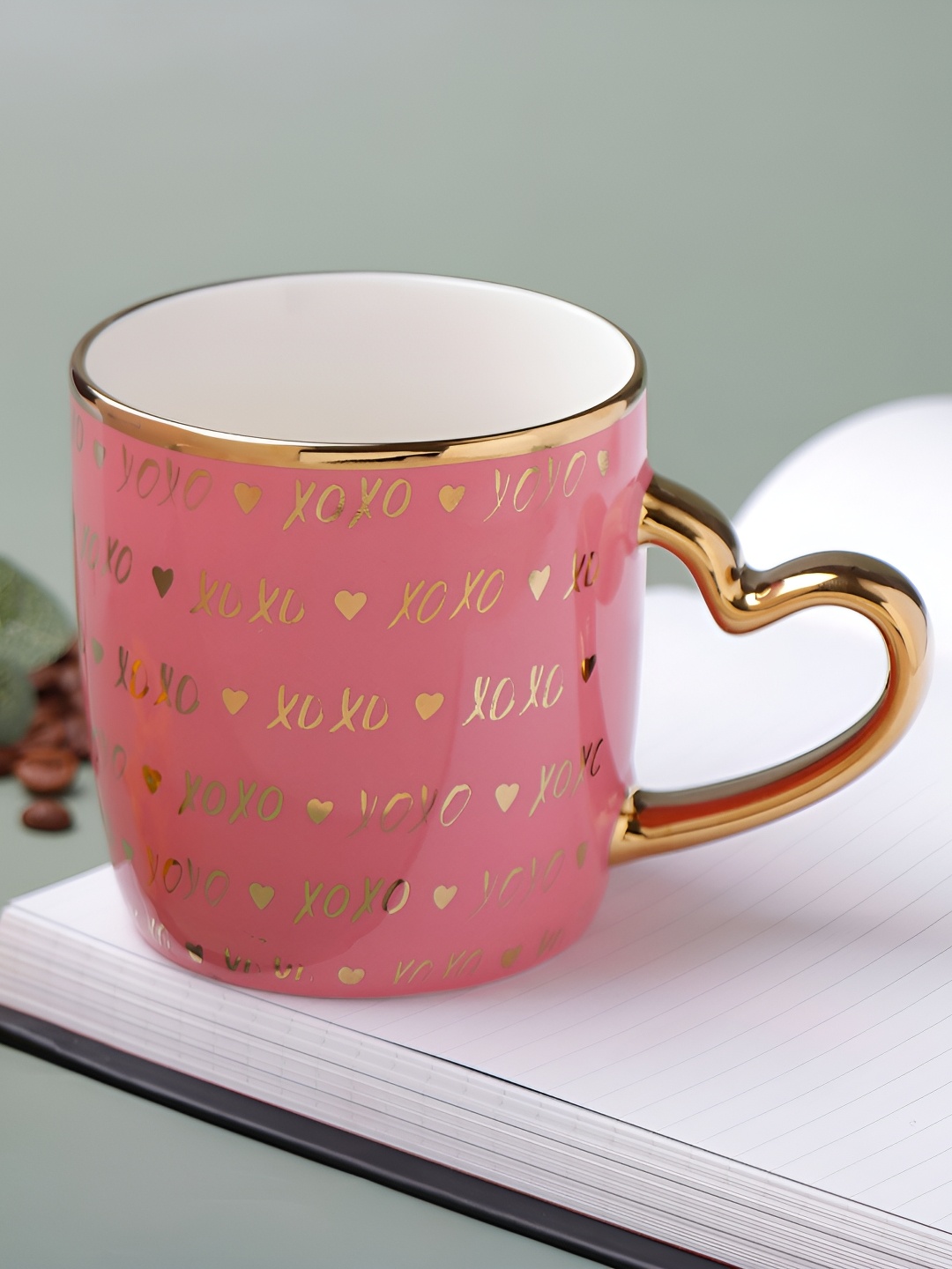 

Archies Pink & Gold-Toned Printed Ceramic Glossy Hearts XOXO Heart Handle Coffee Mug