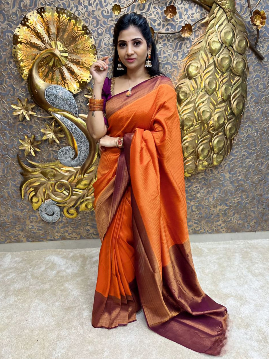 

Fashion Ritmo Woven Design Zari Pure Silk Saree, Orange