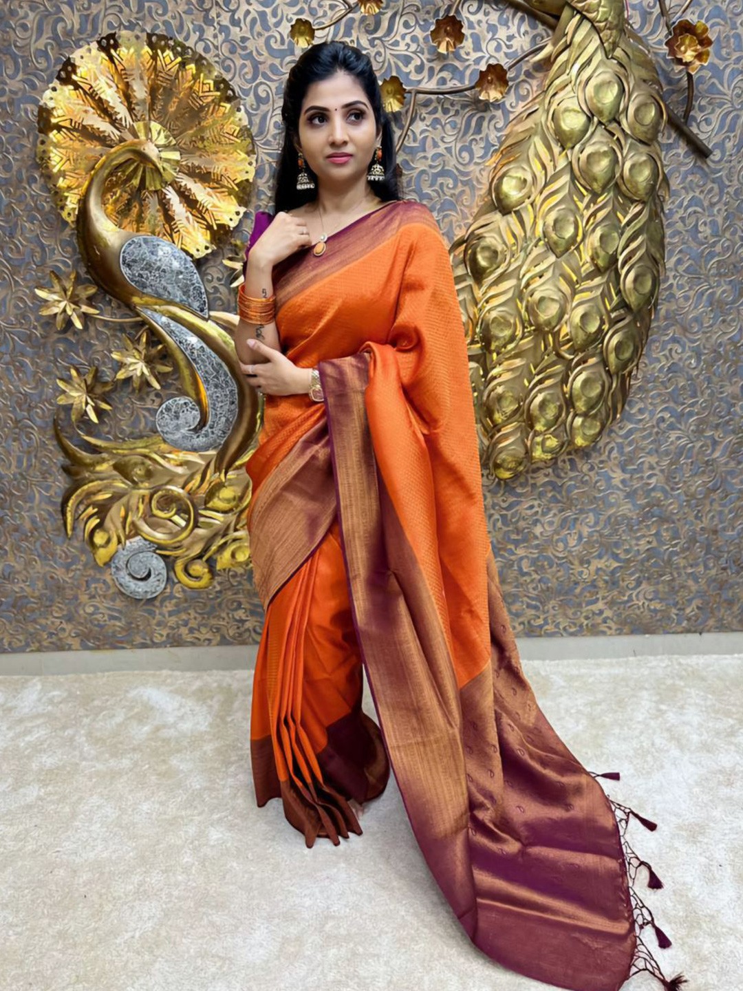 

Fashion Ritmo Woven Design Zari Pure Silk Saree, Orange