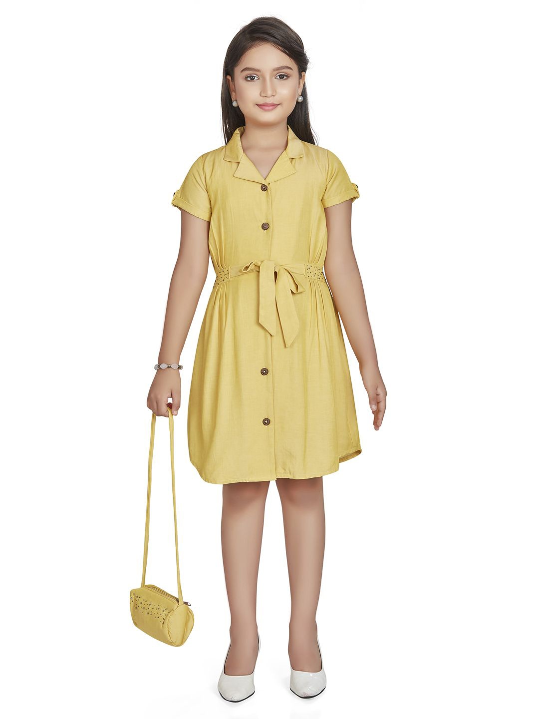 

Peppermint Girls A-Line Dress Comes with a belt, Mustard