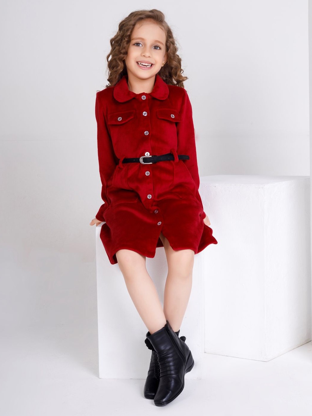 

Peppermint Girls Shirt Collar Pocket Detailing Sheath Dress With Belt, Maroon