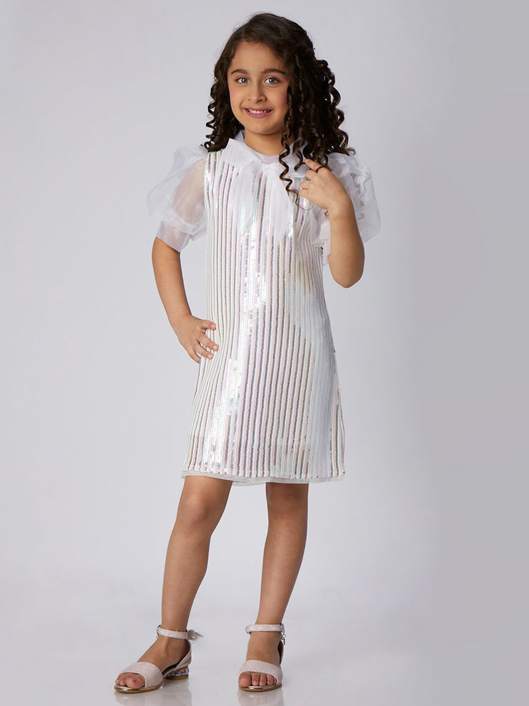 

Peppermint Girls Striped Cold-Shoulder Net Fit & Flare Dress, White