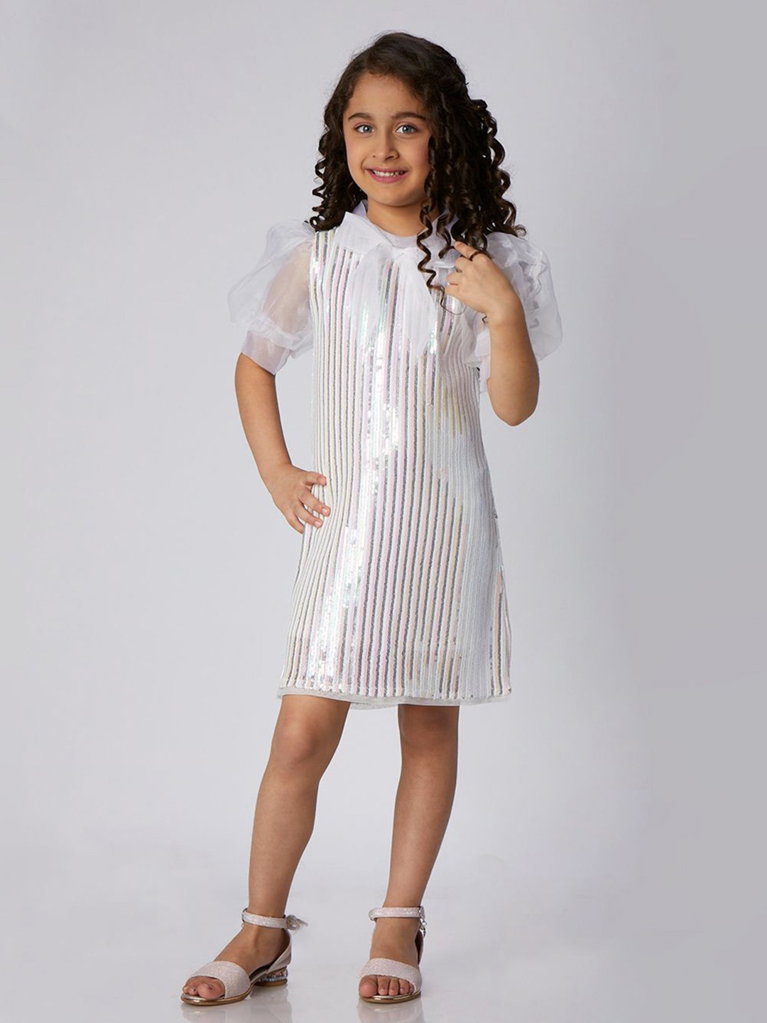 

Peppermint Girls Striped Sheer Fashion Puff Sleeves Sheath Dress, White