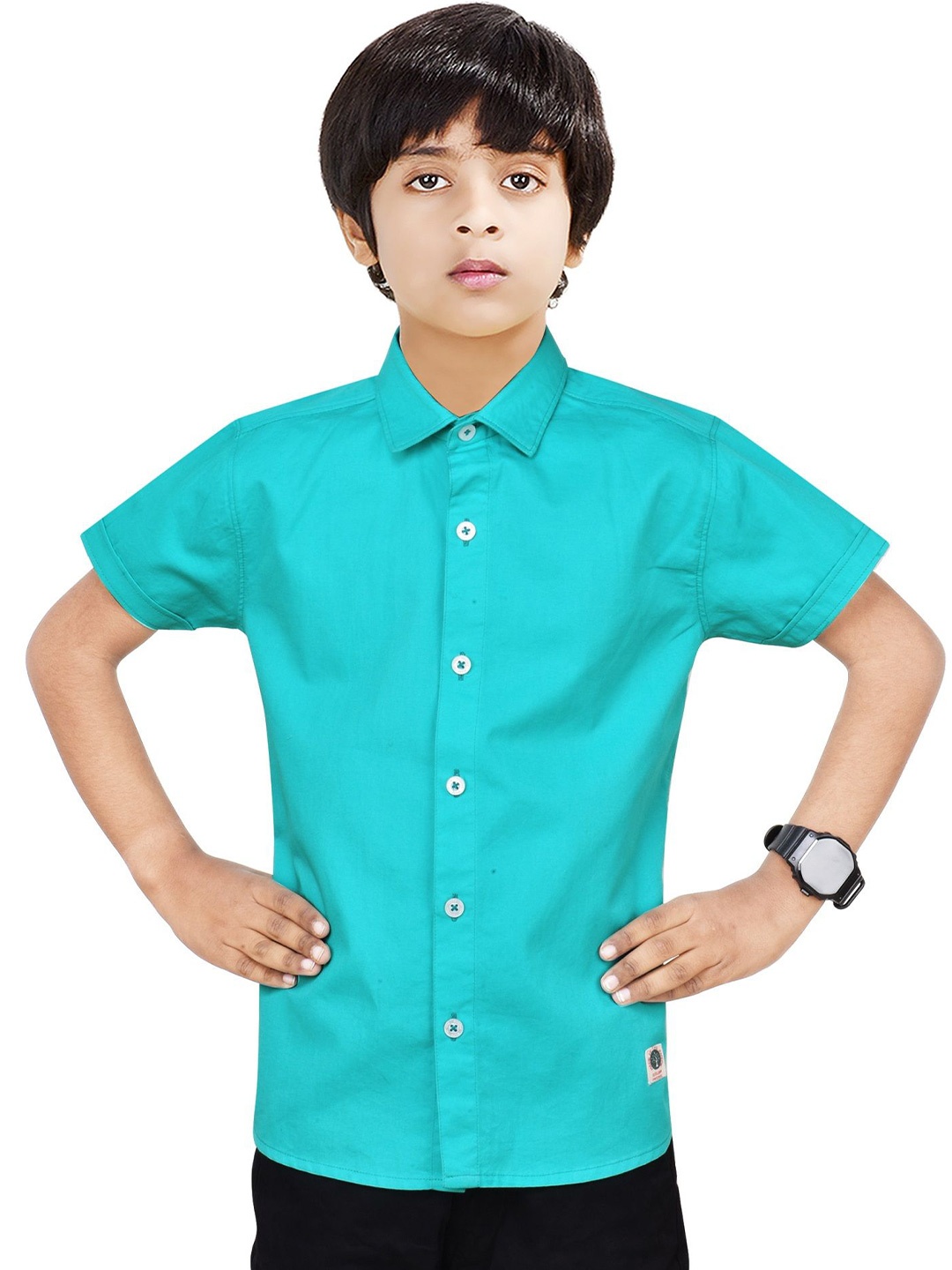 

MADE IN THE SHADE Boys Spread Collar Solid Cotton Casual Shirt, Turquoise blue