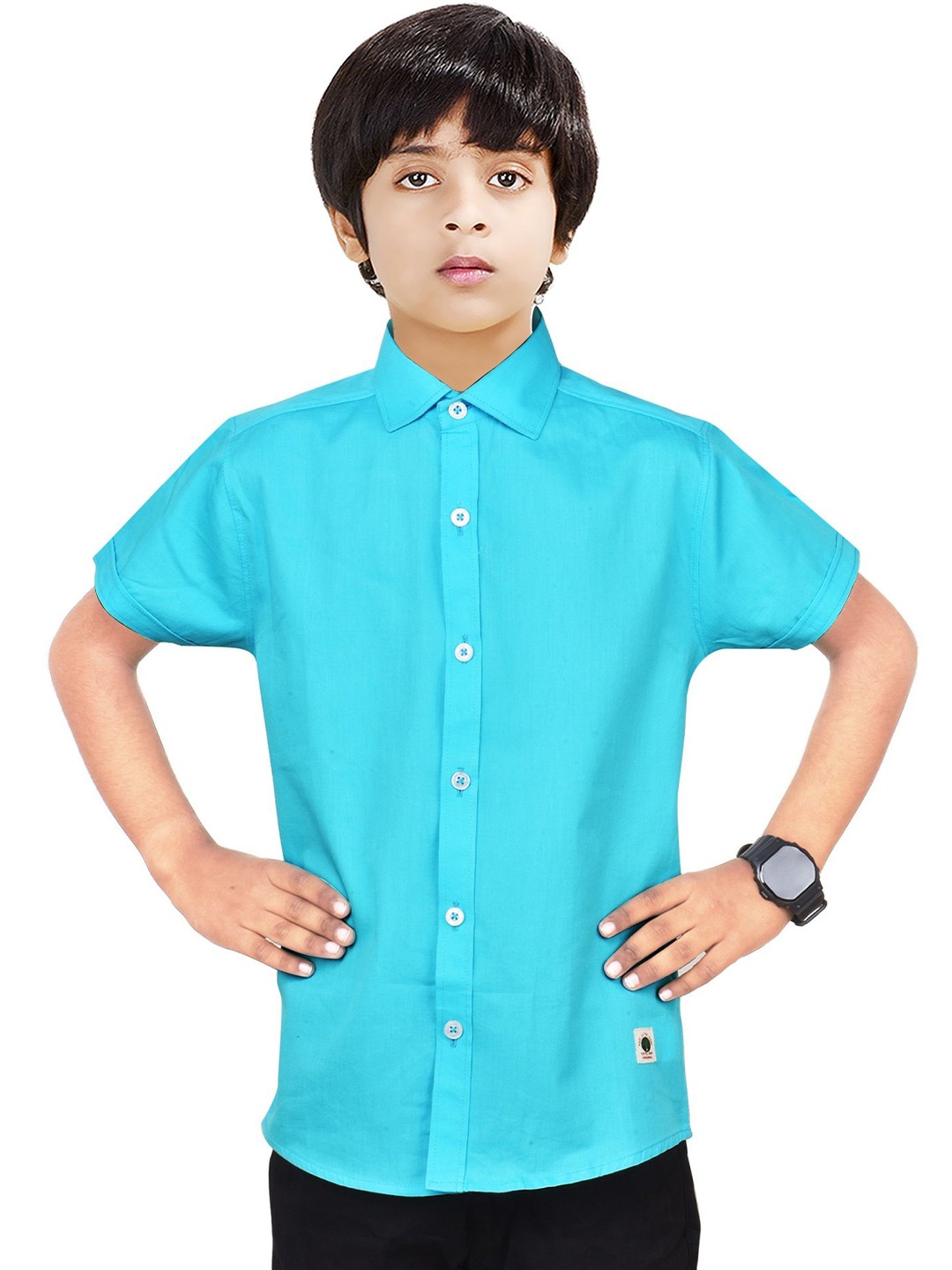 

MADE IN THE SHADE Boys Spread Collar Solid Cotton Casual Shirt, Turquoise blue