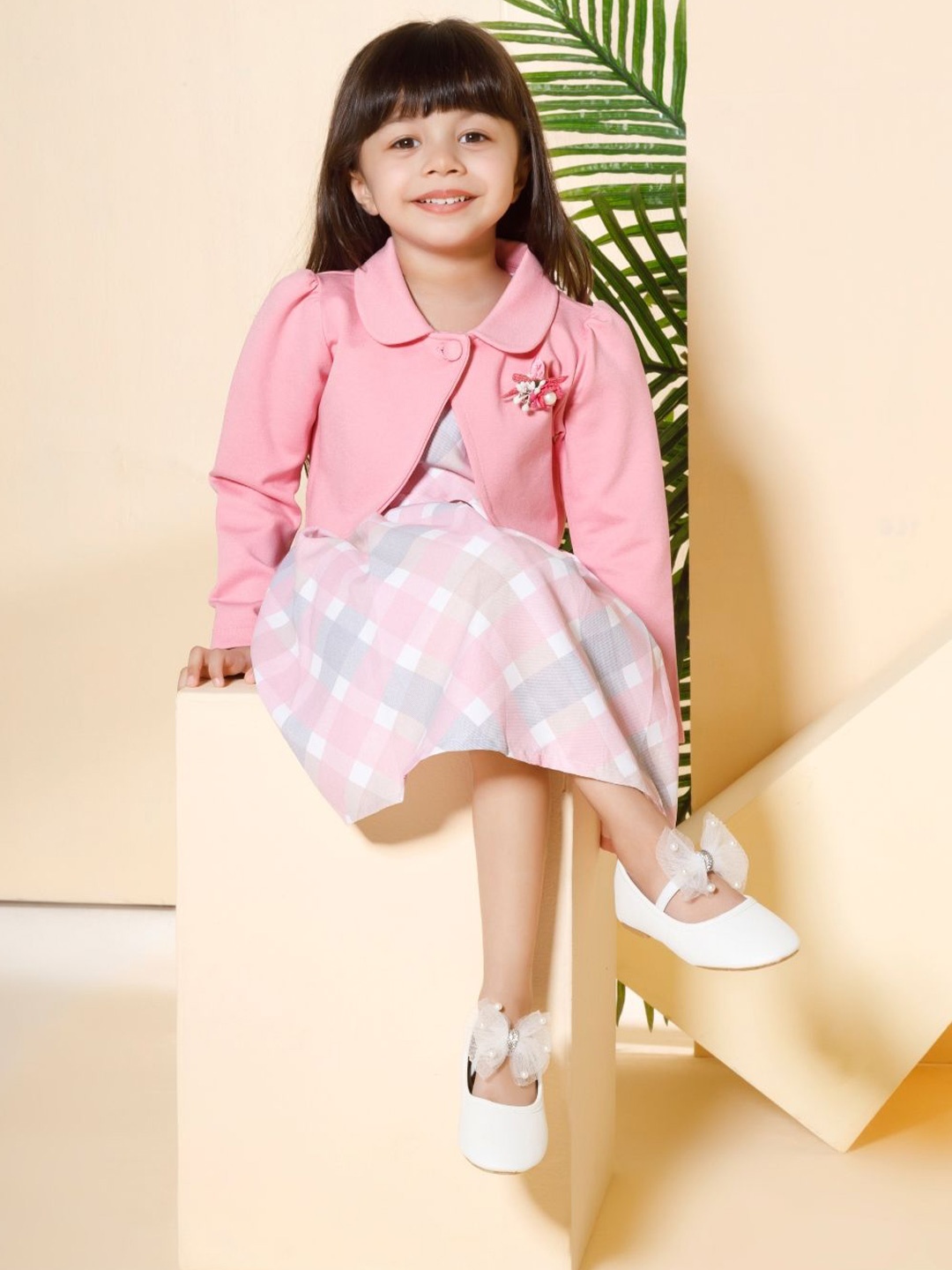 

Peppermint Girls Checked Knee Length Fit & Flare Dress With Jacket, Pink