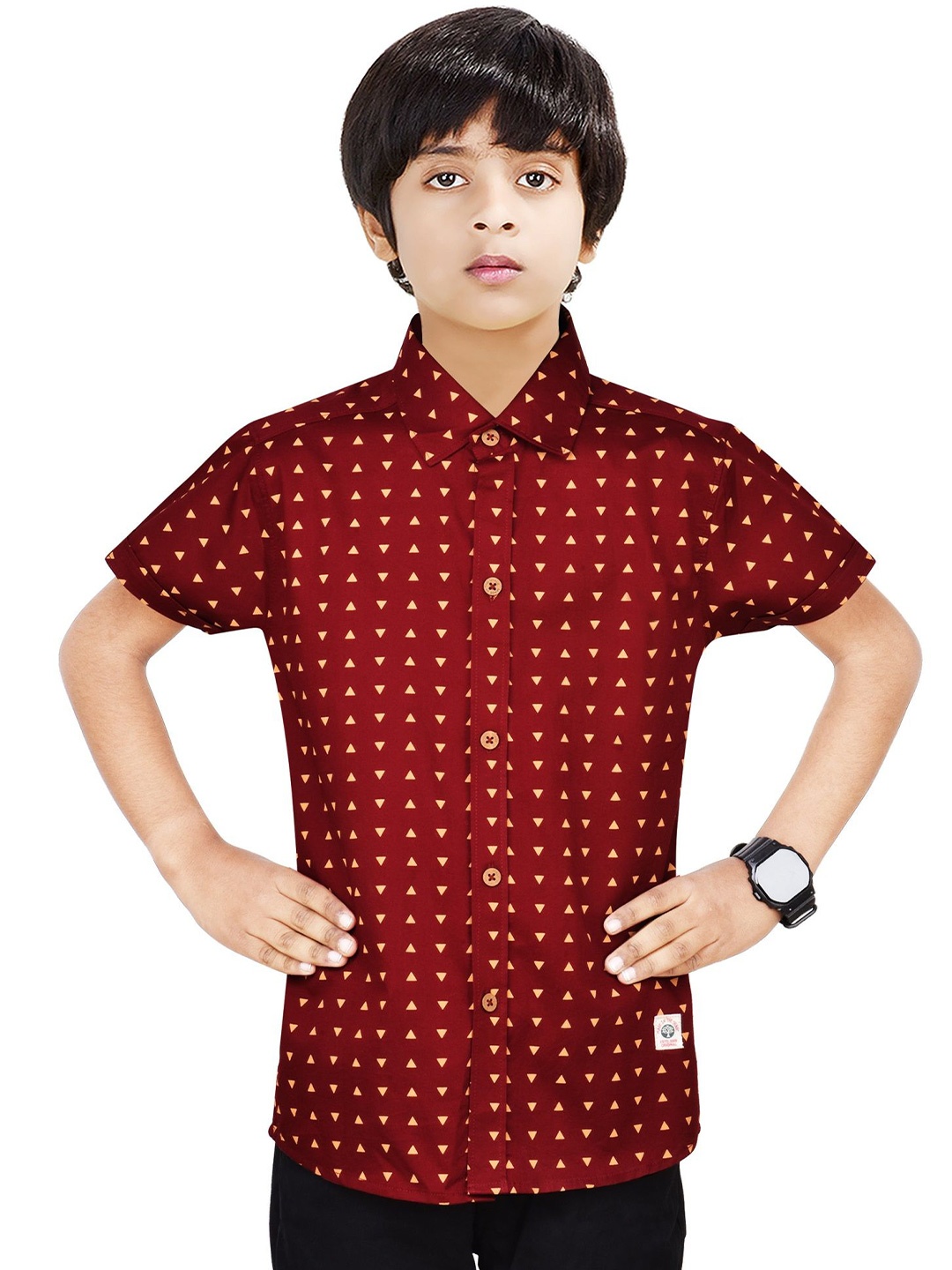 

MADE IN THE SHADE Boys Spread Collar Geometric Printed Cotton Casual Shirt, Maroon