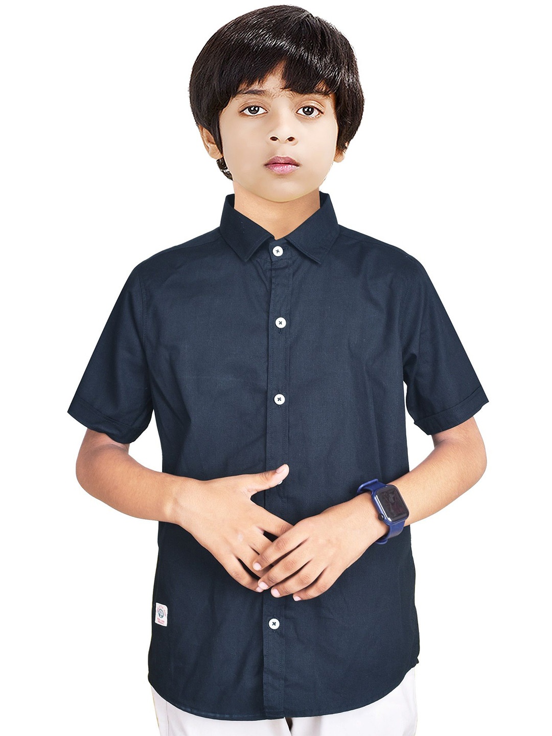 

MADE IN THE SHADE Boys Spread Collar Solid Cotton Casual Shirt, Navy blue