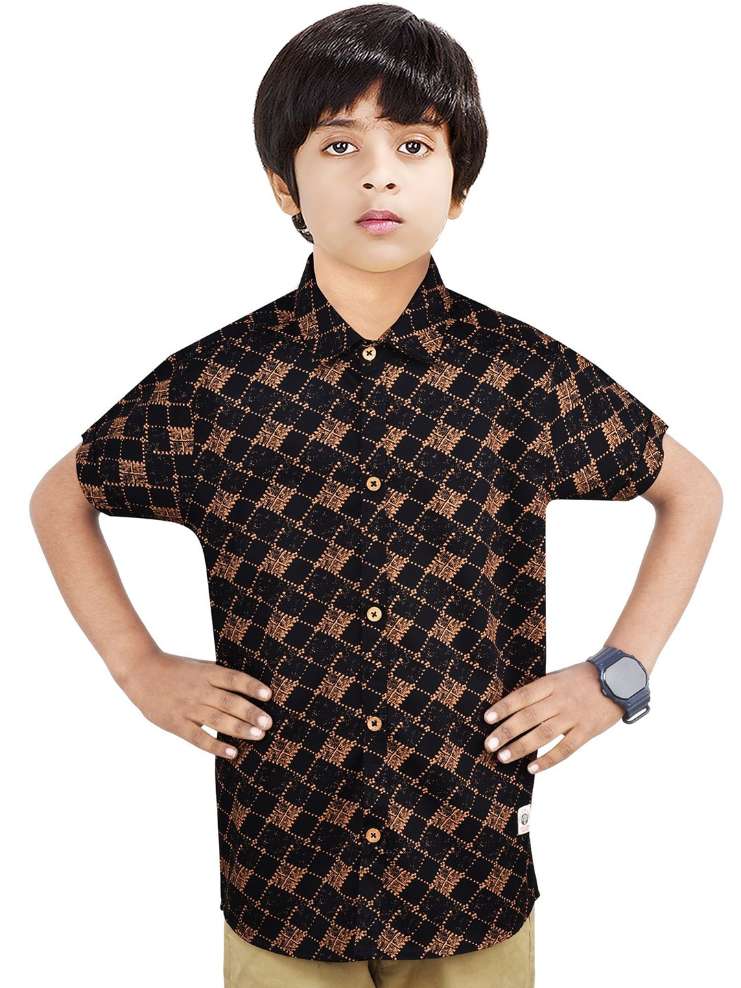 

MADE IN THE SHADE Boys Spread Collar Abstract Printed Cotton Casual Shirt, Black