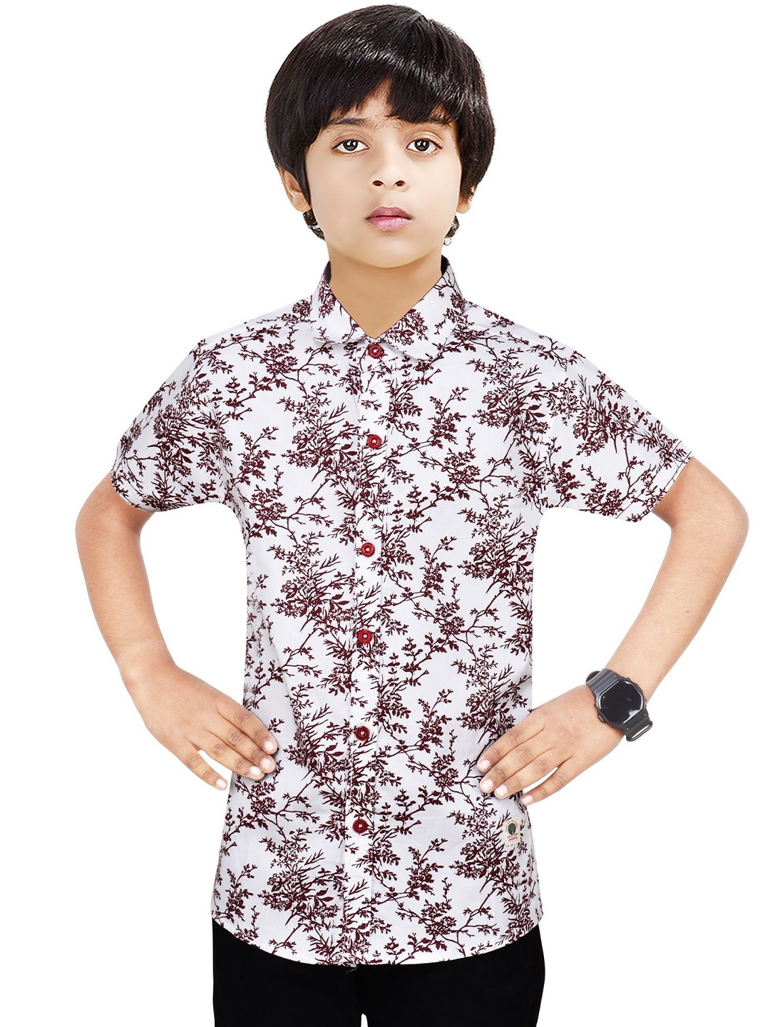 

MADE IN THE SHADE Boys Spread Collar Floral Printed Cotton Casual Shirt, White