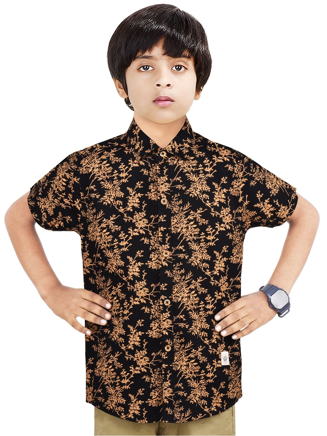 

MADE IN THE SHADE Boys Spread Collar Floral Printed Cotton Casual Shirt, Black