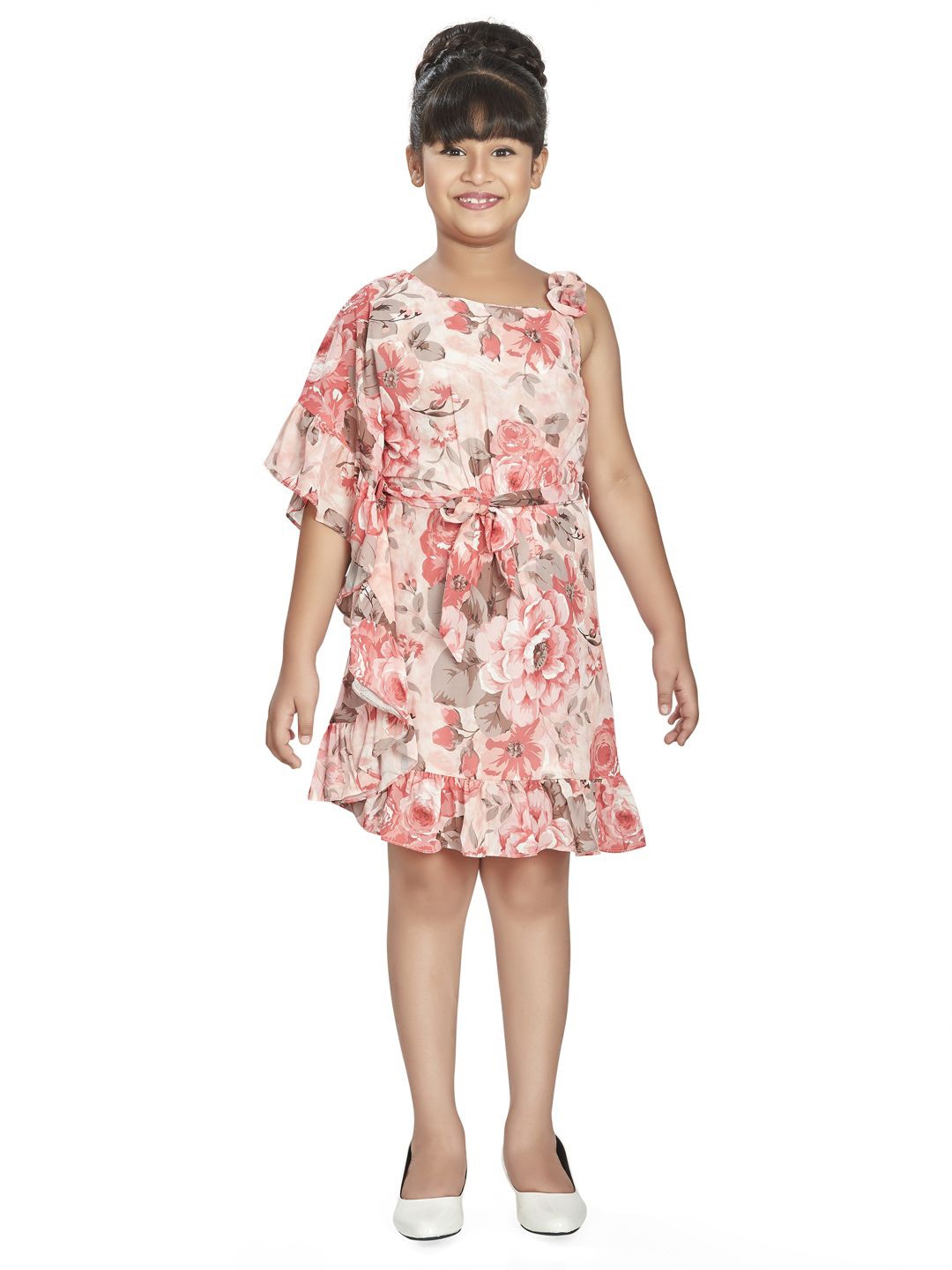 

Peppermint Girls Floral Printed Fit & Flare Dress Comes with a belt, Peach