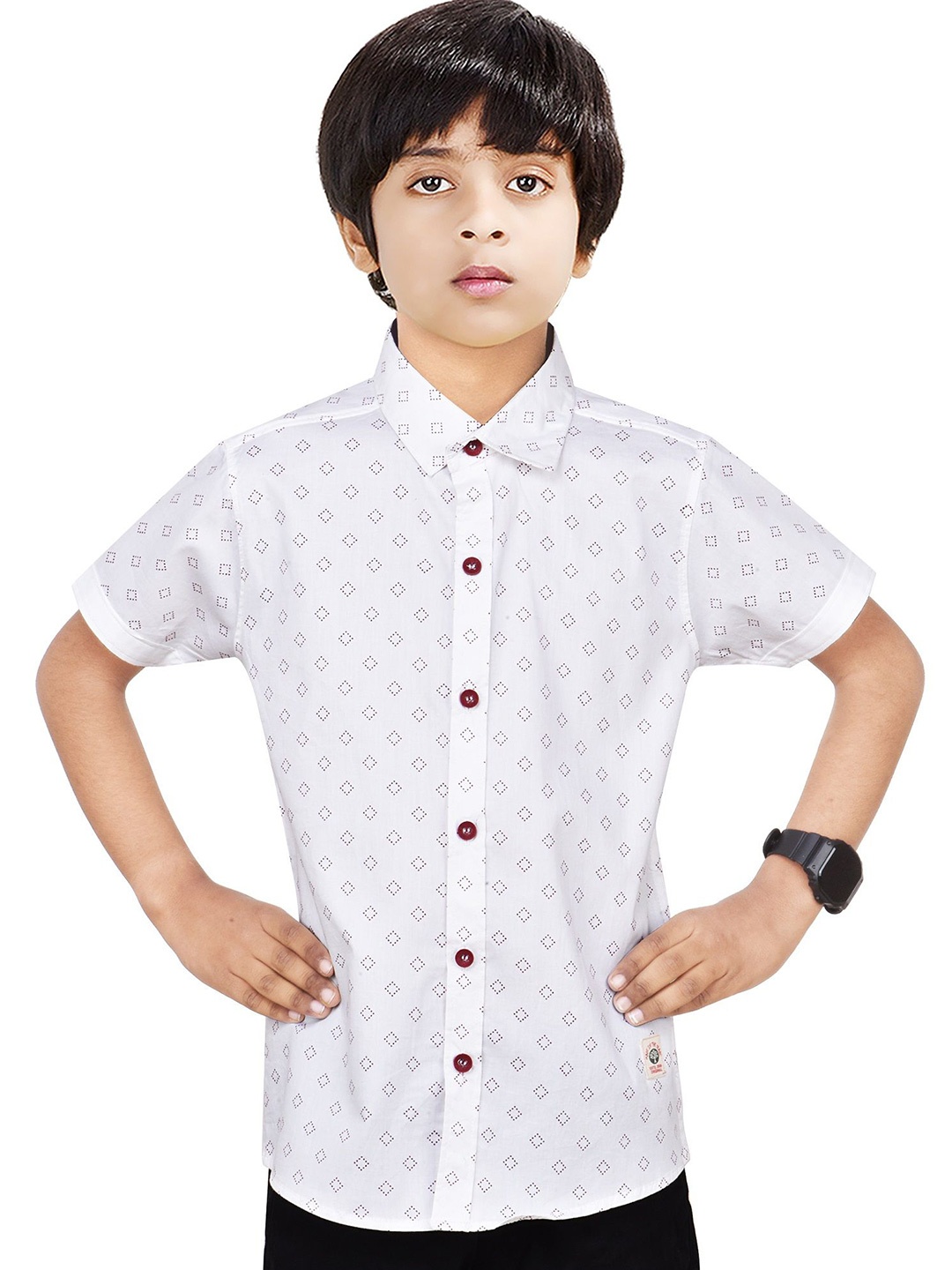 

MADE IN THE SHADE Boys Spread Collar Geometric Printed Cotton Casual Shirt, White