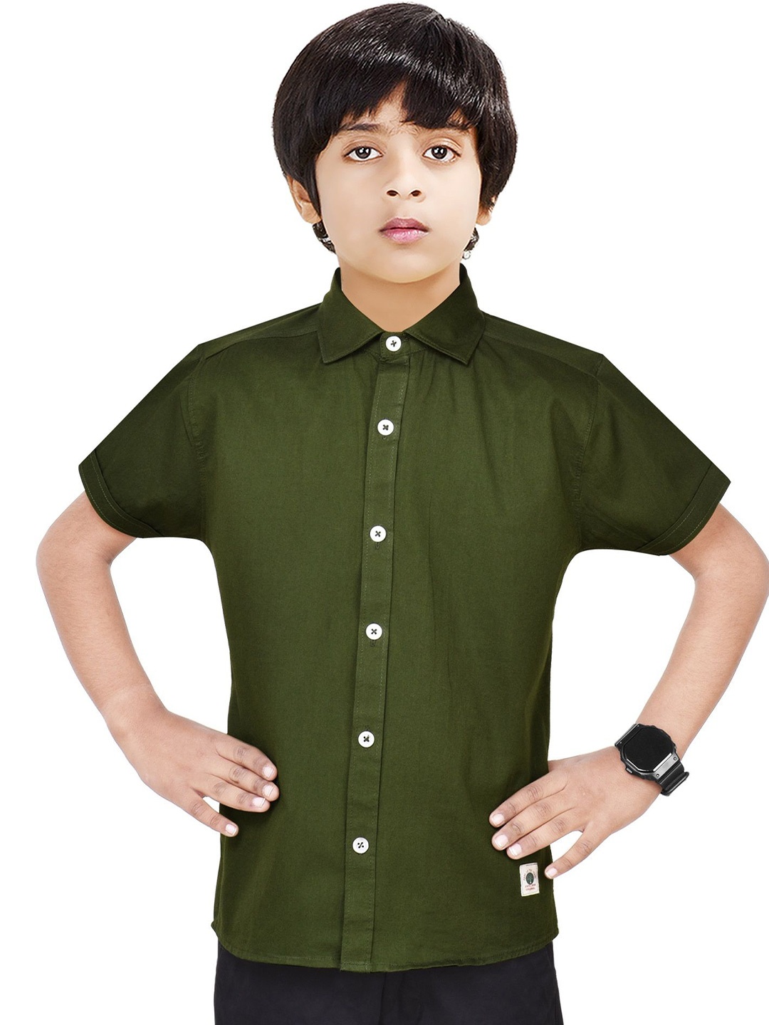 

MADE IN THE SHADE Boys Spread Collar Solid Cotton Casual Shirt, Olive