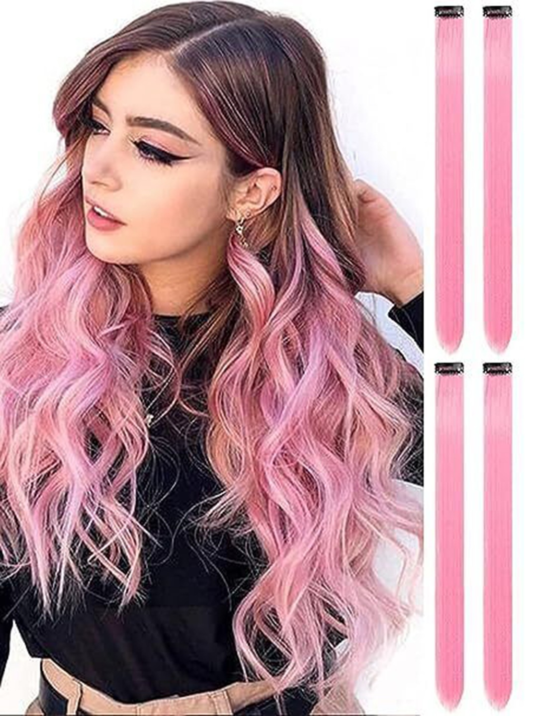 

CRIBE Set Of 4 Clip-In Colored Straight Hair Streak - Light Pink - 22 Inch Each