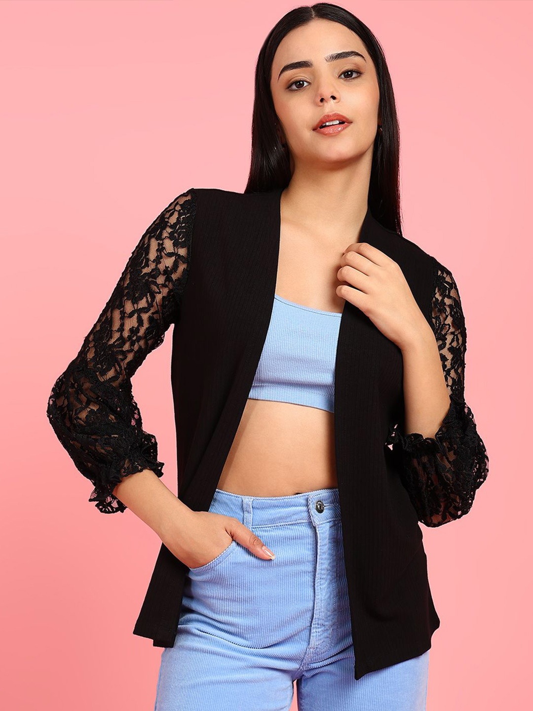 

Mast & Harbour Self Design Open Front Sheer Shrug, Black