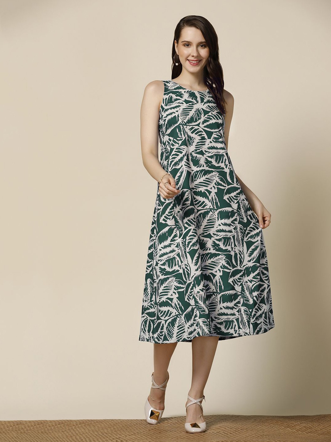 

Moda Rapido Women Cotton Printed A-Line Midi Dress, Green