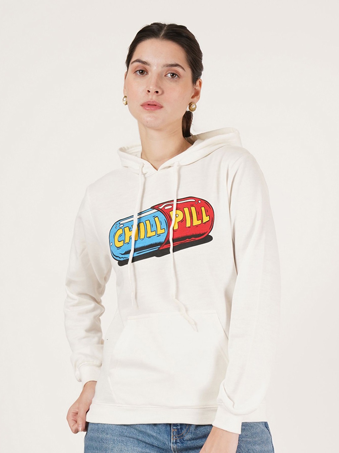 

U&F Women Printed Hooded Pullover Sweatshirt, White