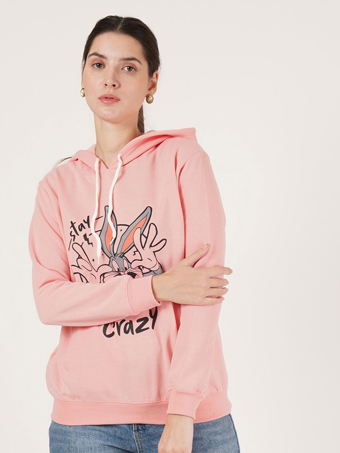 

U&F Women Printed Hooded Sweatshirt, Peach