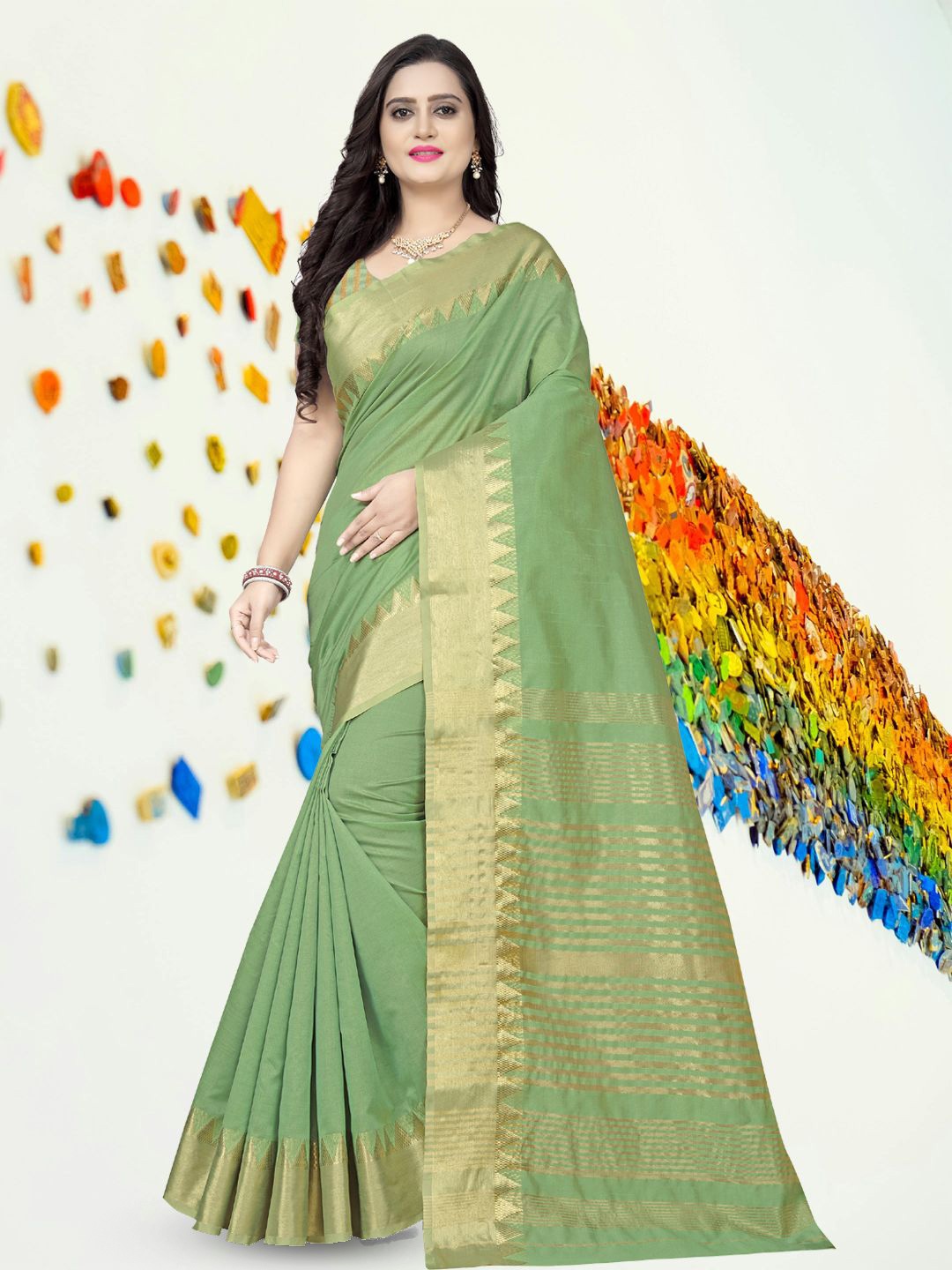 

DIVASTRI Woven Design Zari Saree With Unstitched Blouse, Lime green