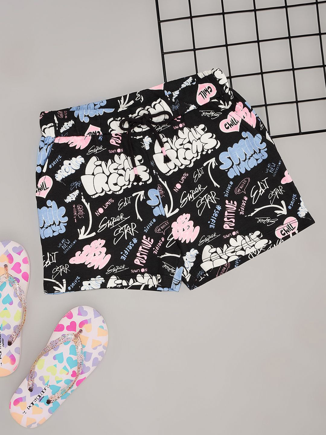 

Pantaloons Junior Girls Floral Printed Mid-Rise Cotton Shorts, Black