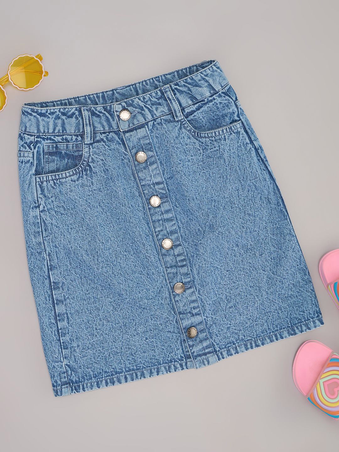 

Pantaloons Junior Girls A-Line Pure Cotton Mini Skirts, Blue