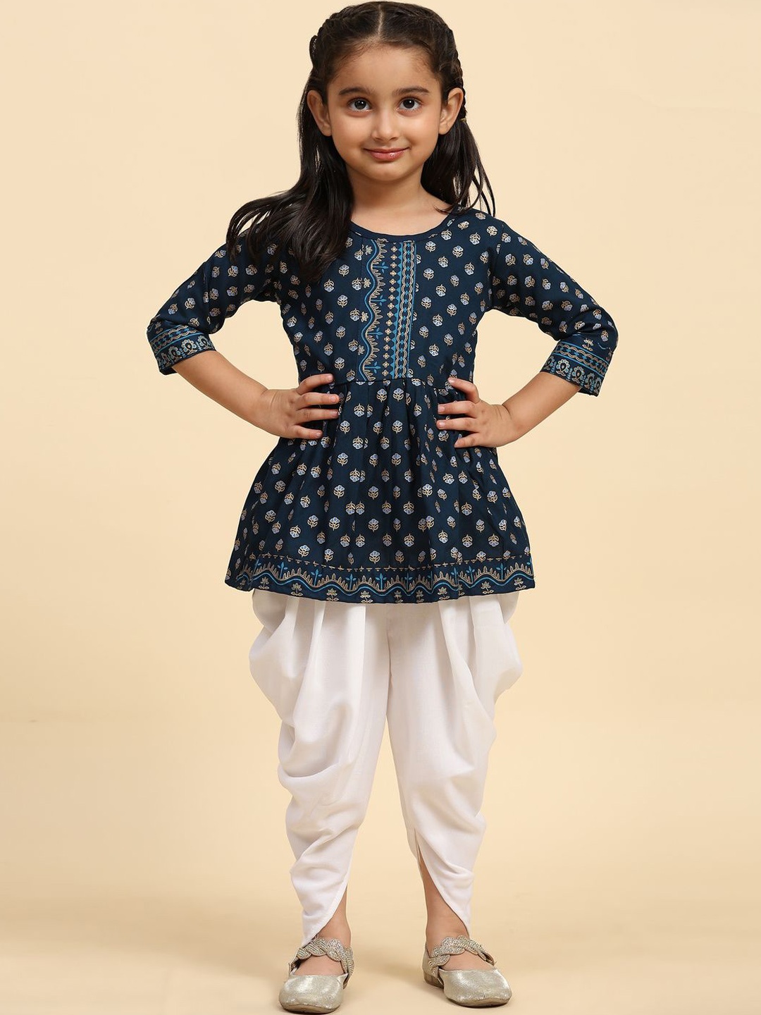 

BAESD Girls Ethnic Motifs Printed Peplum Kurta with Dhoti Pants, Navy blue