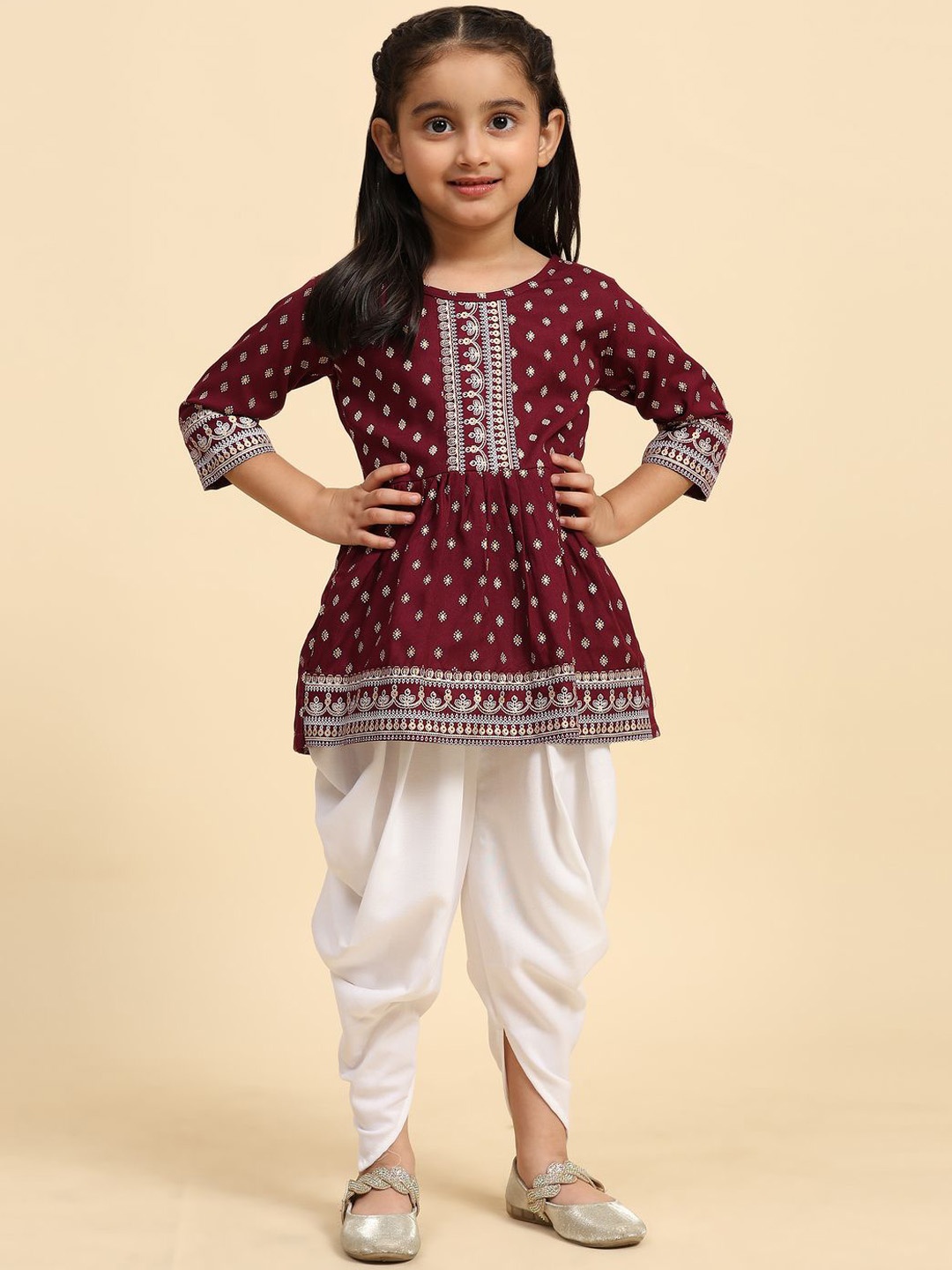 

BAESD Girls Ethnic Motifs Printed Peplum Style Mukaish Work Kurta with Dhoti Pants, Maroon