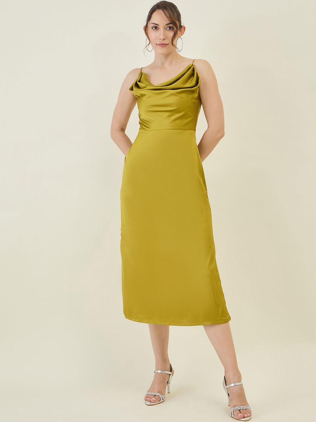 

aayu Cowl Neck Satin A-Line Dress, Fluorescent green