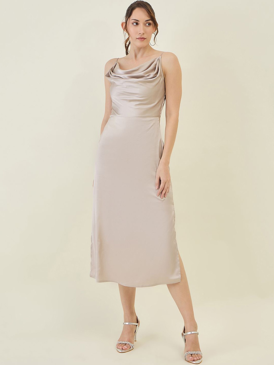 

aayu Cowl Neck Satin A-Line Dress, Silver