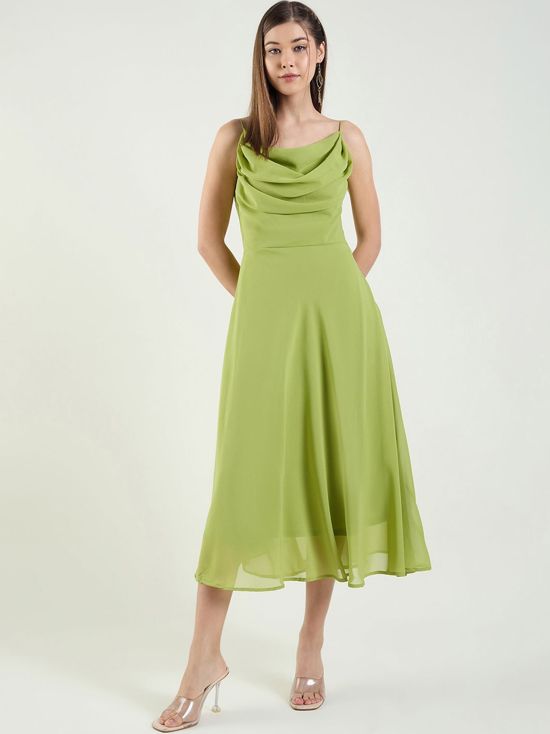 

aayu Women Cowl Neck Fit & Flare Midi Dress, Fluorescent green