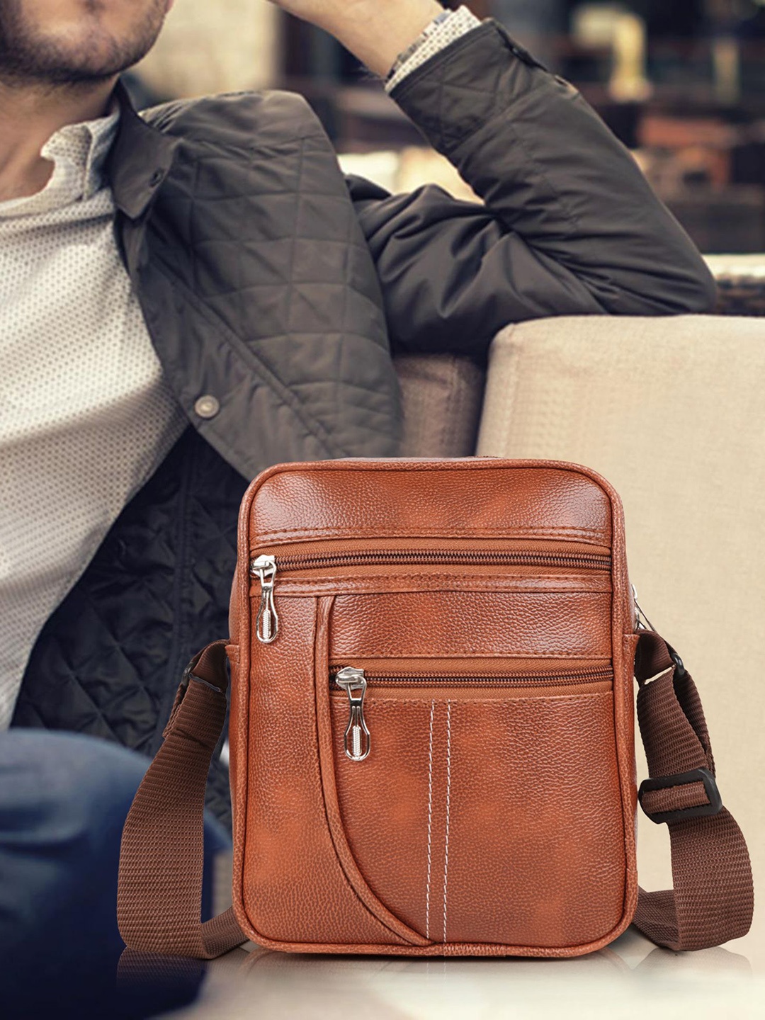 PARSLEY Men Solid Crossbody Leather Sling Bag, Tan