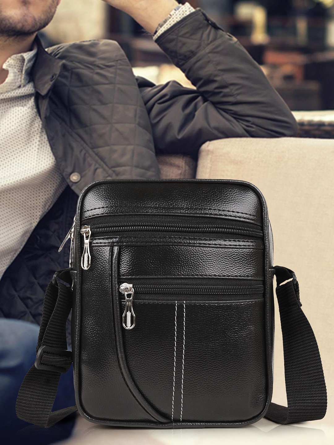 

PARSLEY Men Solid Structured Leather Sling Bag, Black