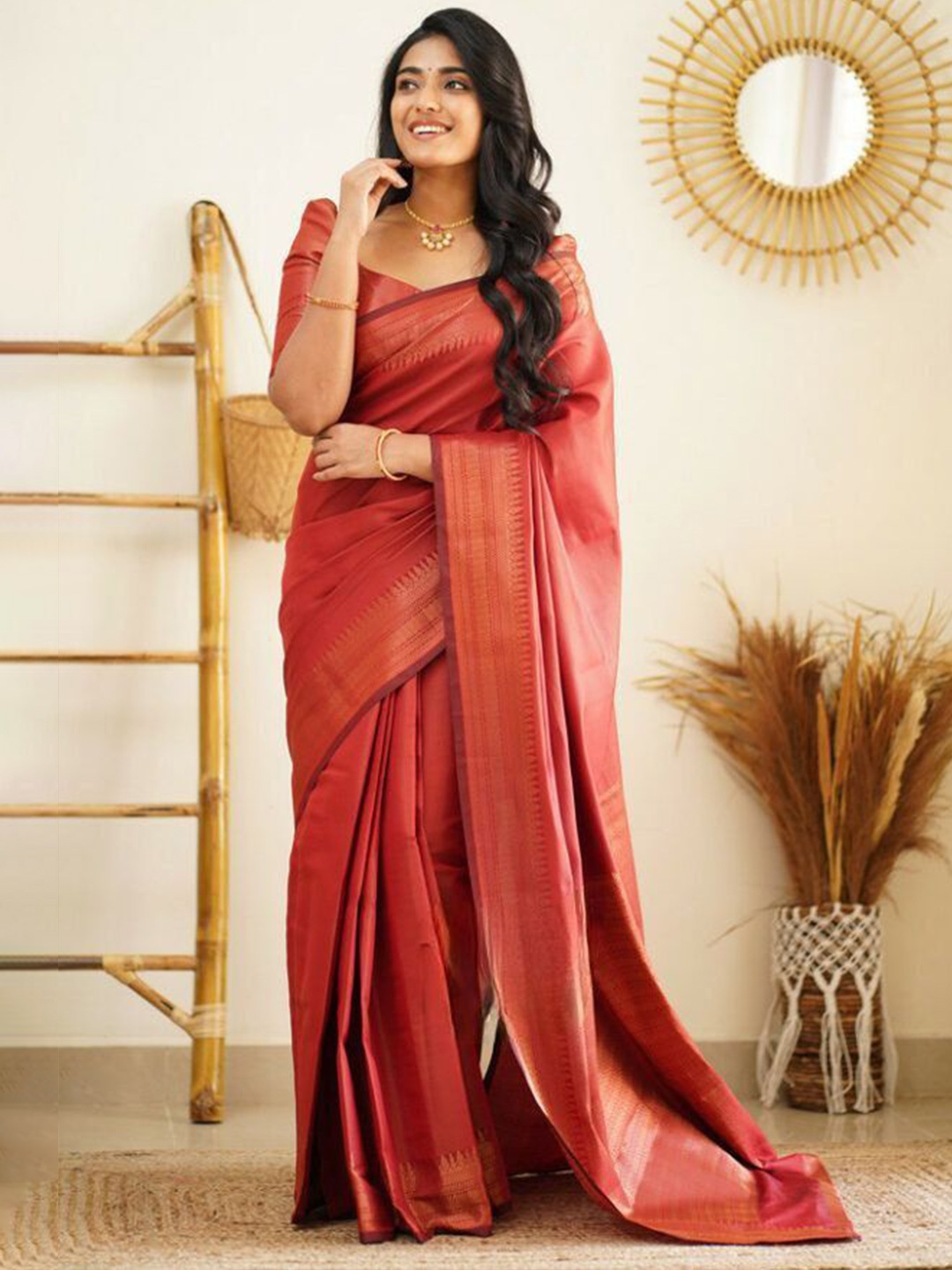 

Fashion Ritmo Woven Design Zari Pure Silk Banarasi Saree, Red