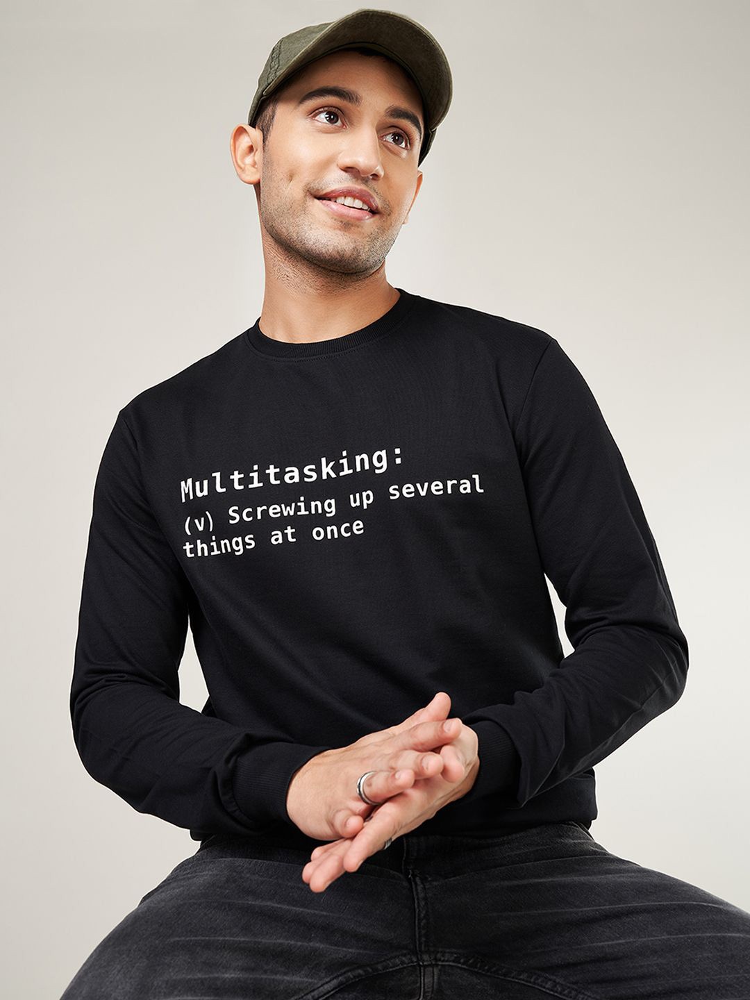

People Men Printed Round Neck Cotton Sweatshirt, Black
