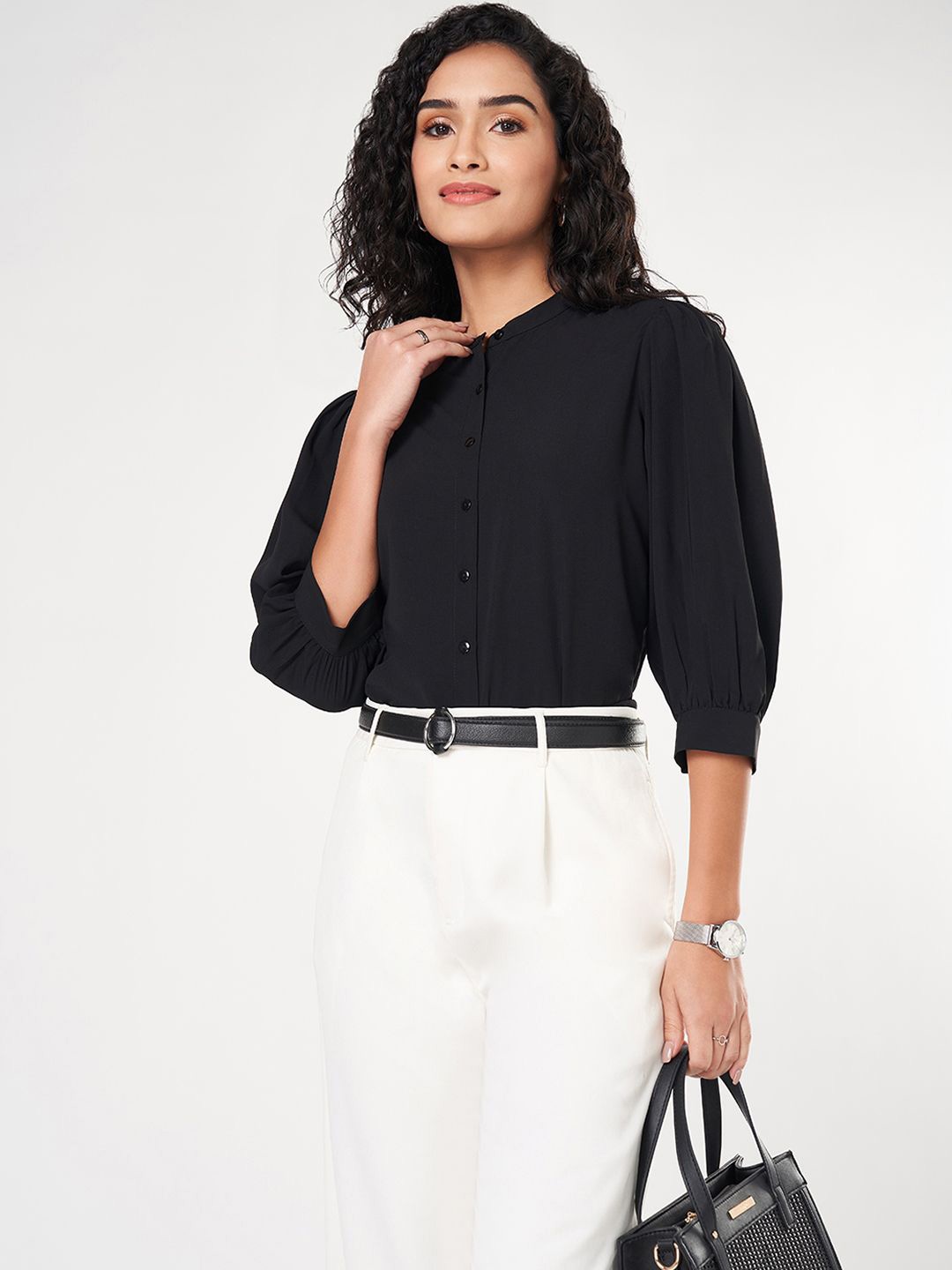 

Annabelle by Pantaloons Women Mandarin Collar Shirt Style Top, Black
