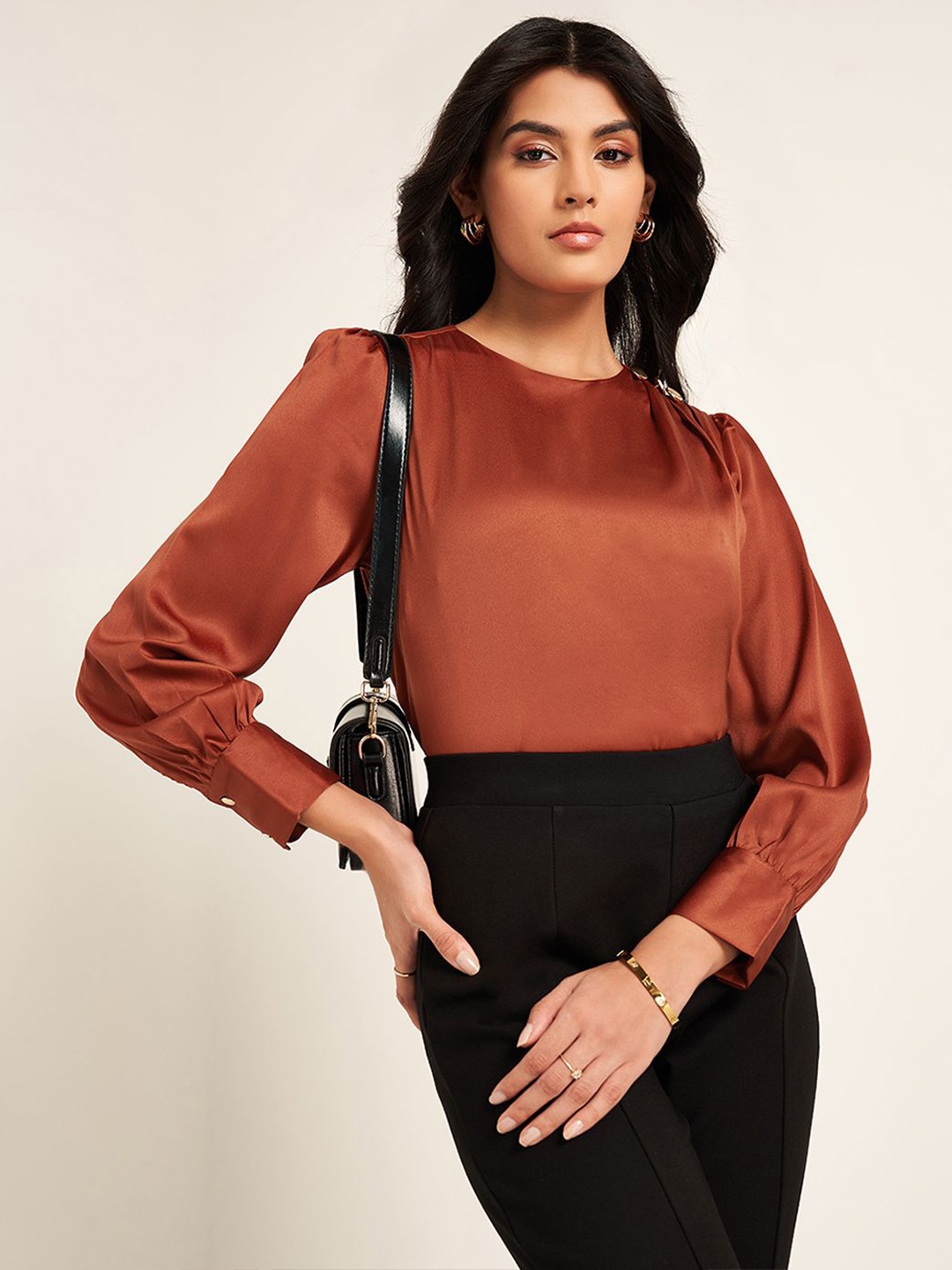 

Annabelle by Pantaloons Women Round Neck Cuffed Sleeves Top, Rust