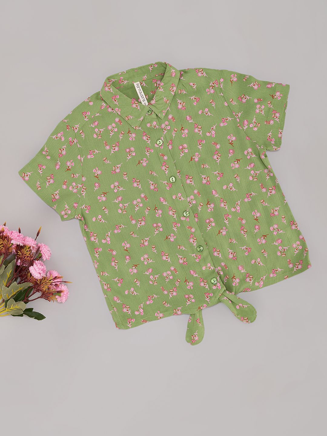 Pantaloons Junior Girls Floral Printed Shirt Style Top, Olive