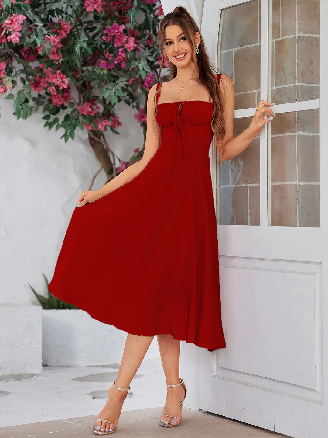 

TRAQUILA Women Shoulder Straps Fit and Flare Midi Dress, Red