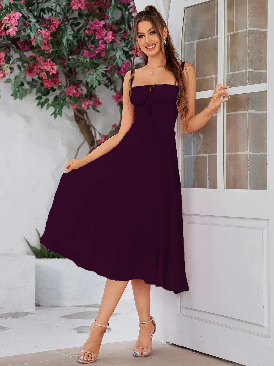 

TRAQUILA Shoulder Straps A-Line Midi Dress, Purple