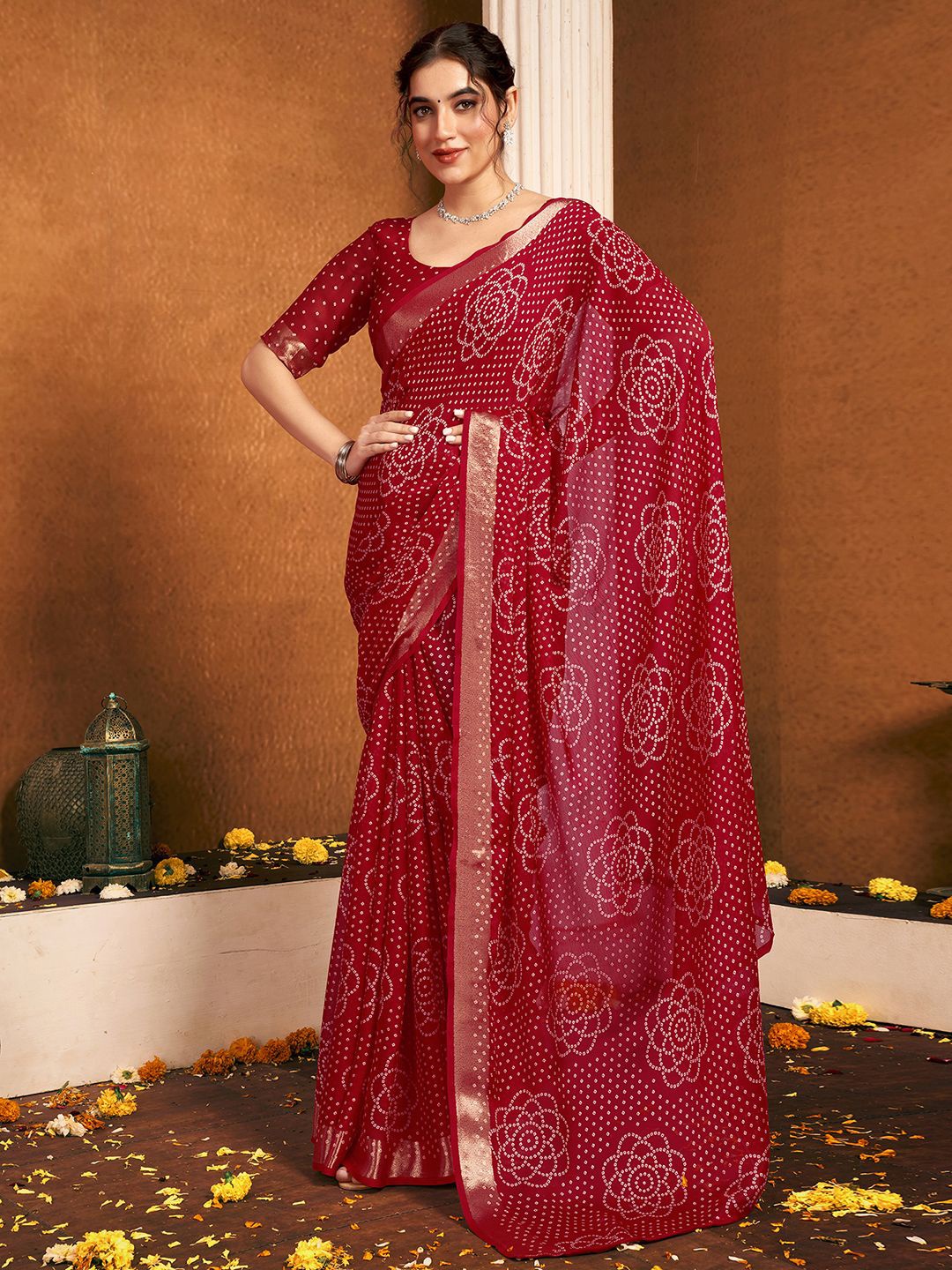 

Mitera Zari Pure Chiffon Bandhani Saree, Maroon