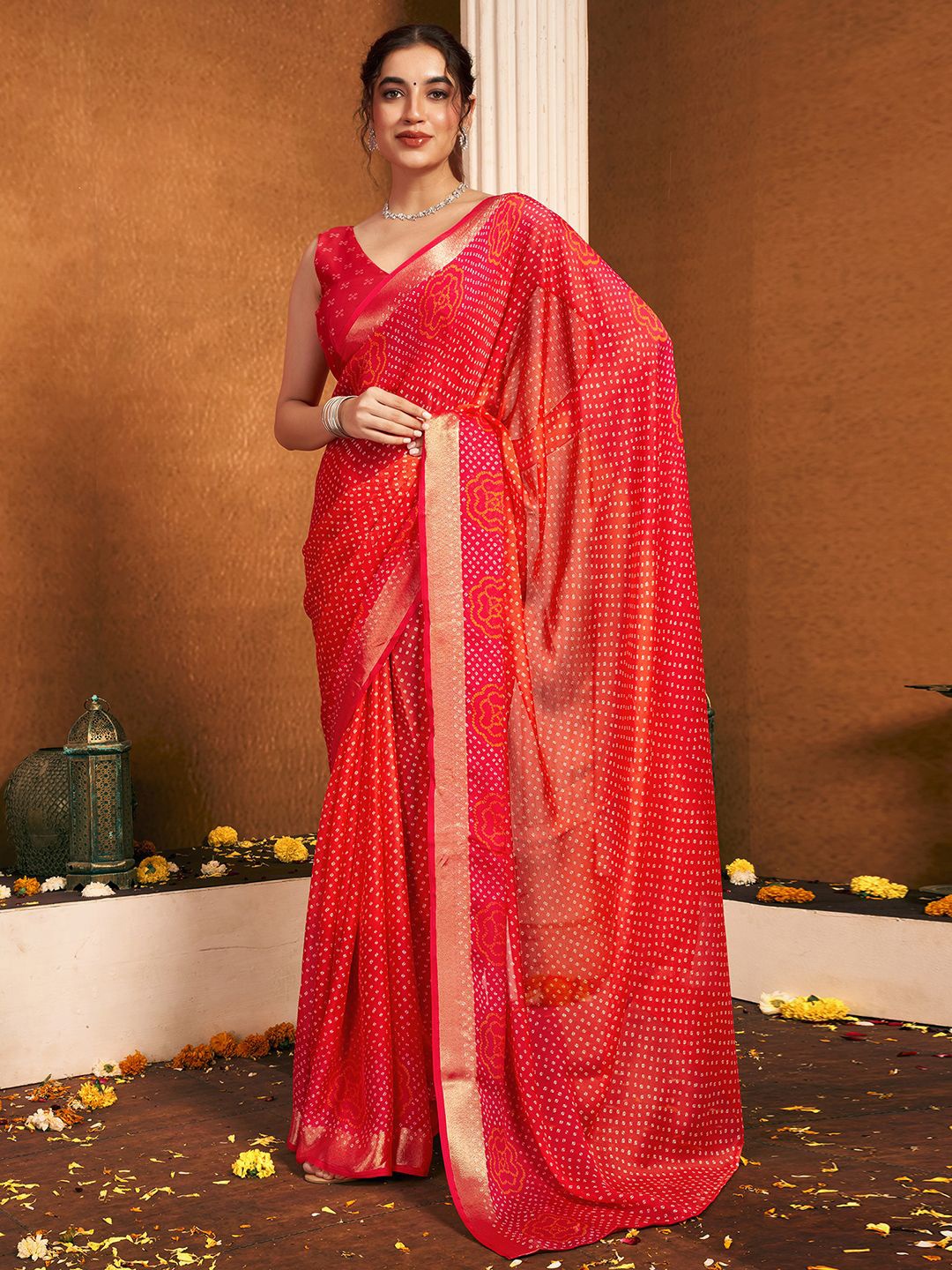 

Mitera Pure Chiffon Bandhani Saree, Red