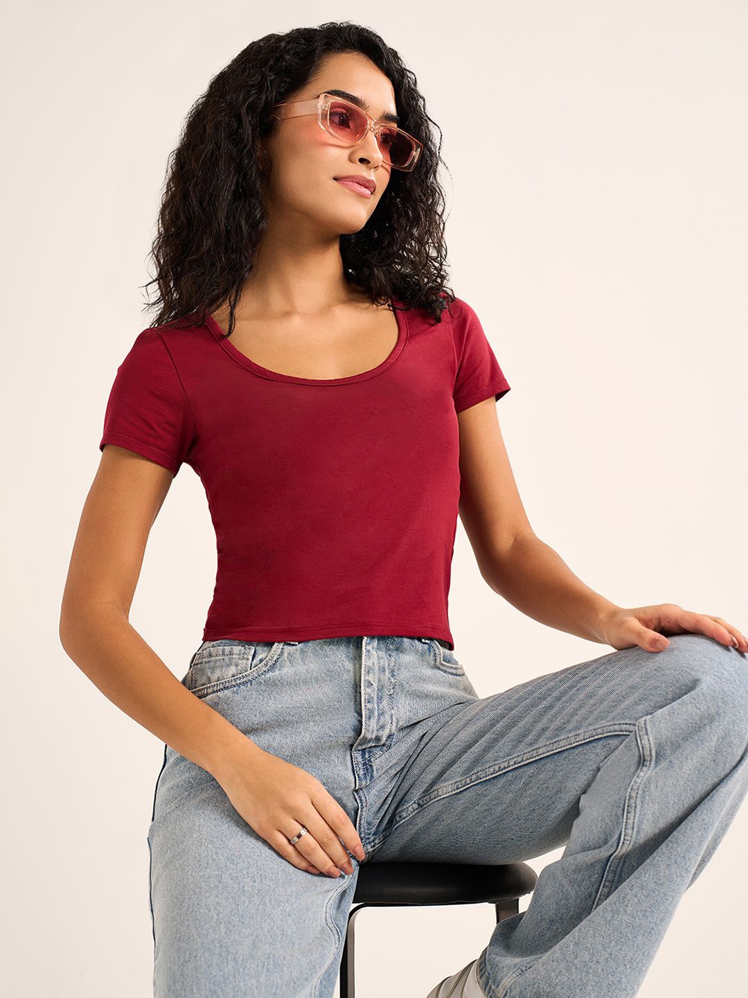

People Women Cotton Round Neck Crop Top, Red
