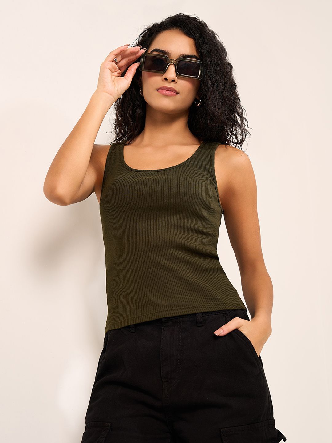 

People Women Round Neck Ribbed Tank Top, Olive