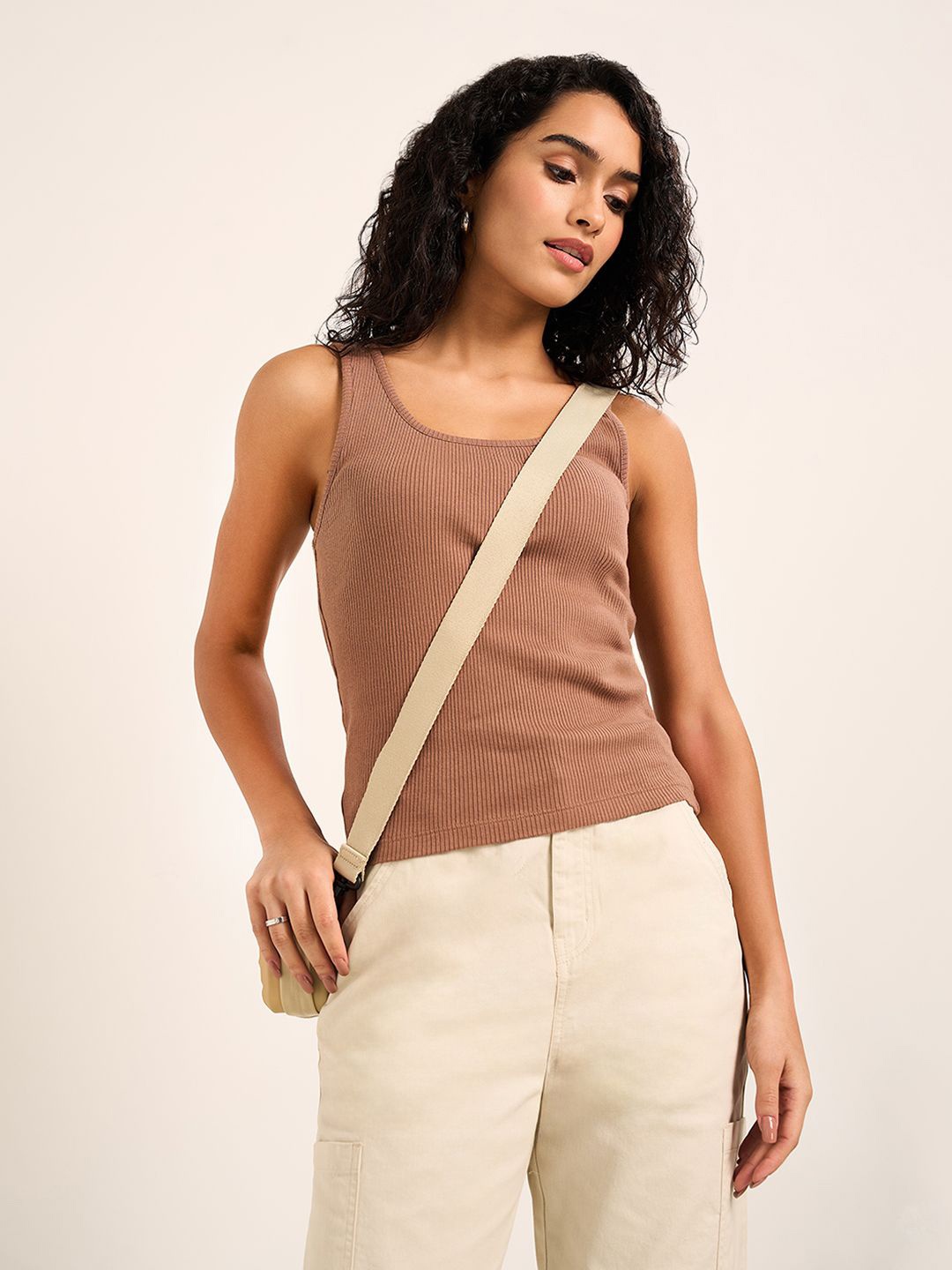 

People Cotton Ribbed Top, Brown