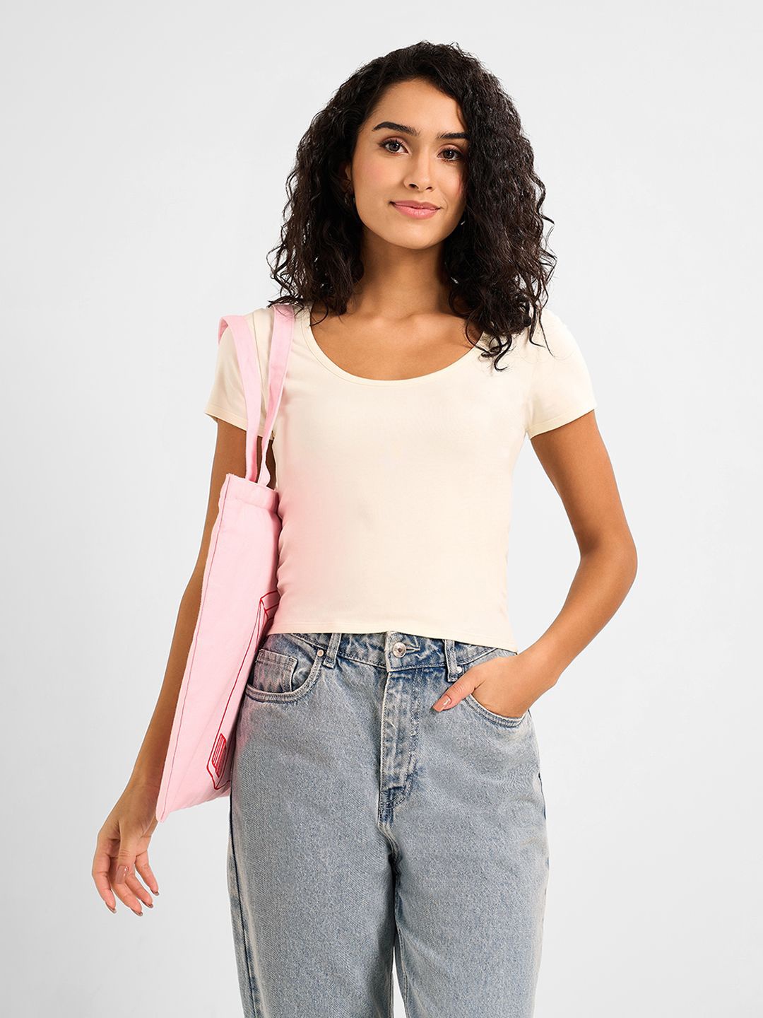 

People Women Round Neck Cotton Fitted Crop Top, Off white