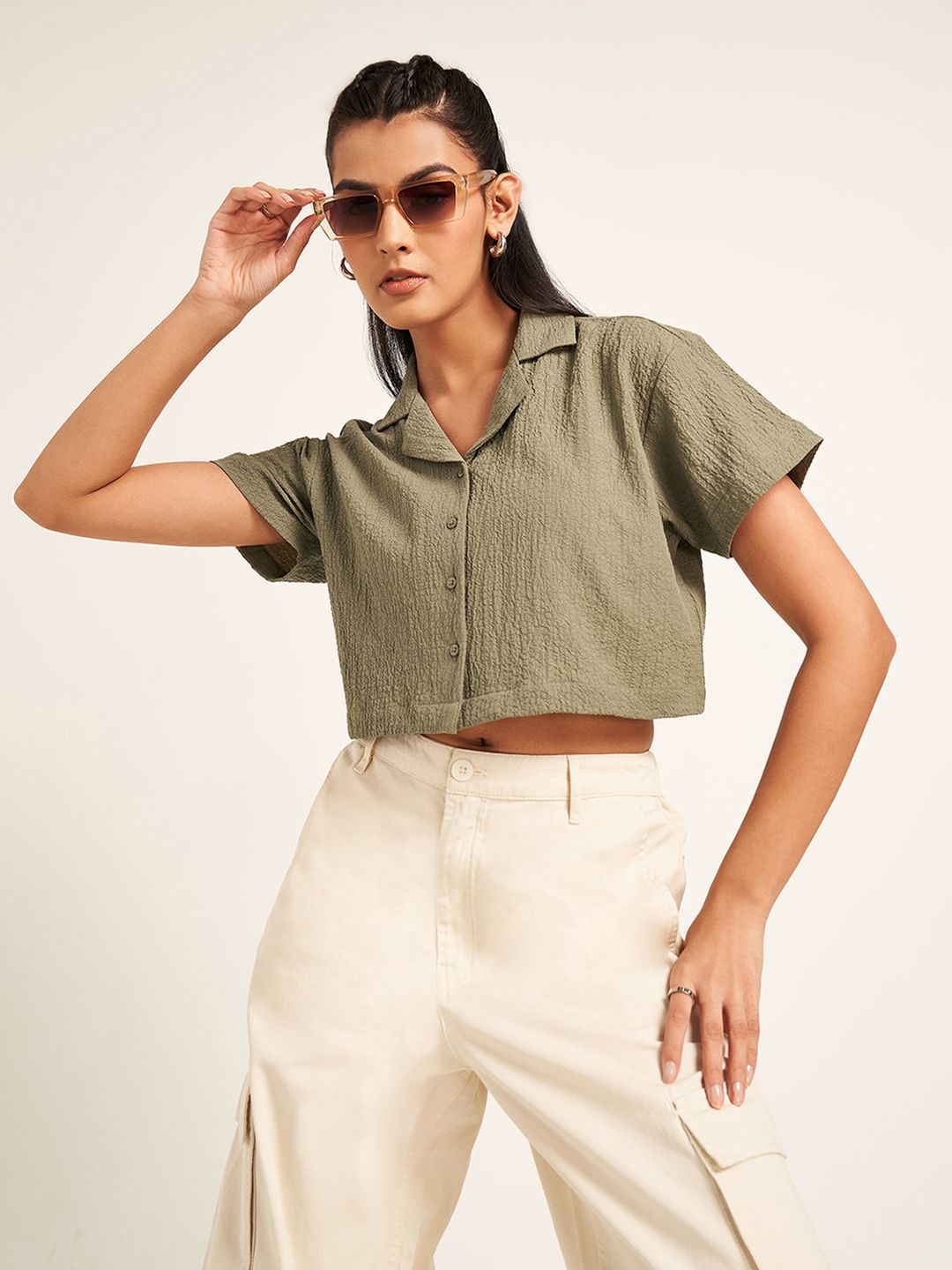 

SF JEANS by Pantaloons Women Shirt Style Crop Top, Olive